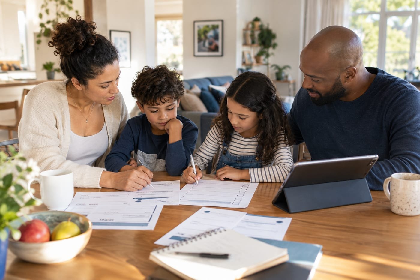 A family completing the toolkit activities together at their kitchen table